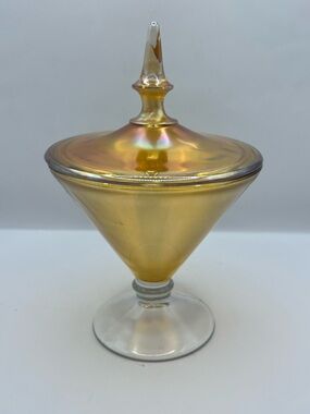 As Is Antique Lancaster Glass Marigold Carnival Glass “Aztec” Candy Dish